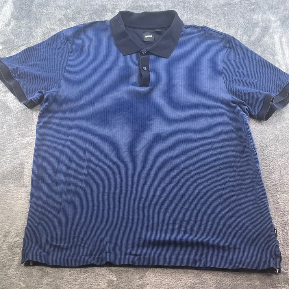 Hugo Boss Mens XL Blue Navy Textured Knit Cotton Short Sleeve Polo Shirt